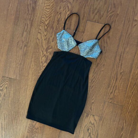 Black Cut Out Sparkle Mini Dress Size Small Bodycon Party Special Occasion - Picture 9 of 15